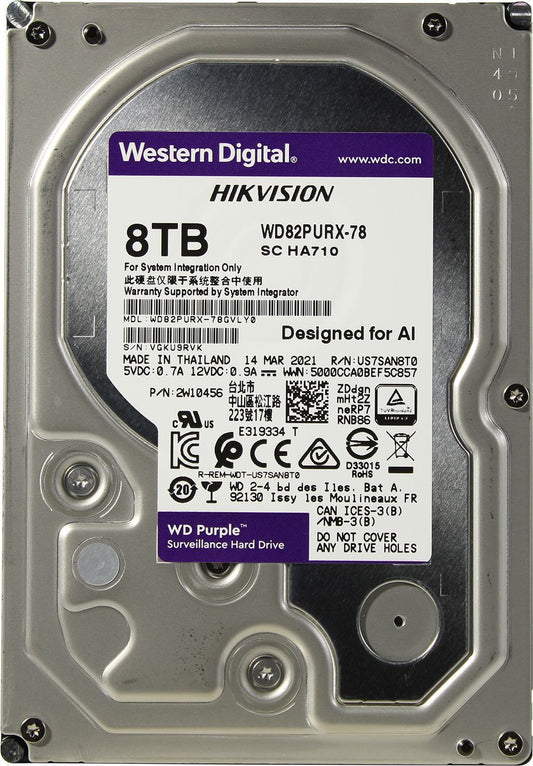 Refurbished WD 8TB WD82PURX Purple Surveillance Hard Drive, 3.5" SATA, 256MB Cache - High Capacity Storage