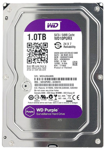 Refurbished WD 1TB WD10PURX, 3.5" SATA HDD, 64MB Cache, 5400 RPM - Internal Hard Drive