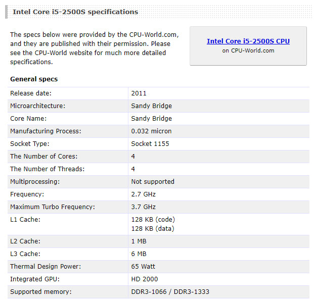 Intel Core i5-2500S Processor, 4 Cores, 4 Threads, 2.7 GHz (3.7 GHz Turbo), LGA 1155, 6MB Cache - Desktop CPU