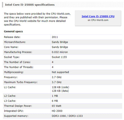 Intel Core i5-2500S Processor, 4 Cores, 4 Threads, 2.7 GHz (3.7 GHz Turbo), LGA 1155, 6MB Cache - Desktop CPU